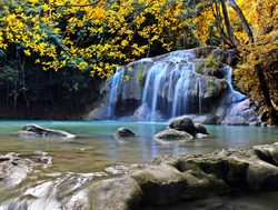 Erawan Naitonal Park waterfall with fall leaves