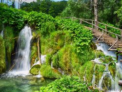 Plitvice Lakes National Park stairway over a falls