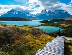 Torres del Paine National Park boarded trail and view of lake and towers