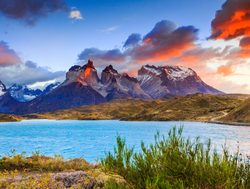 Torres del Paine National Park clouds and sunset on towers