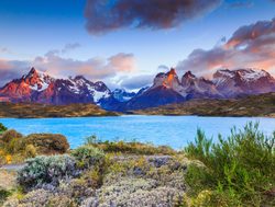 Torres del Paine National Park lake and pink sunset